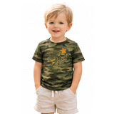 toddler wearing camo t-shirt with orange print