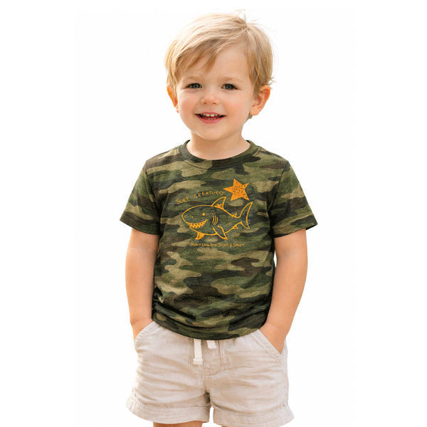 toddler wearing camo t-shirt with orange print