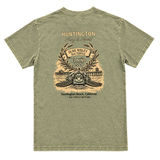 back of washed green t shirt with image of turtle and hb pier
