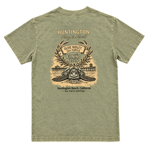 back of washed green t shirt with image of turtle and hb pier