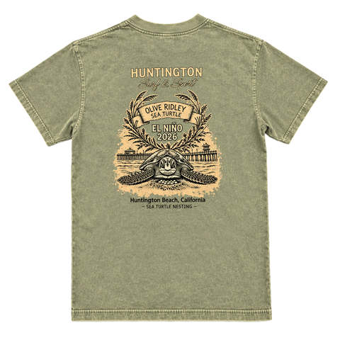 back of washed green t shirt with image of turtle and hb pier