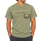front of person wearing a washed green t shirt with a yellow text of Huntington surf & sport, Olive ridley Sea turtle