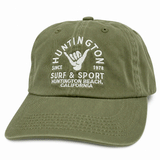 olive green dad hat with white embroidered logo on white background