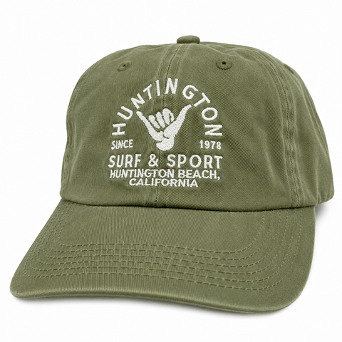 olive green dad hat with white embroidered logo on white background