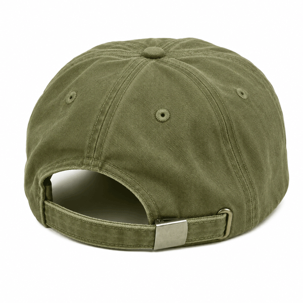 back of green dad hat with adjustable strap