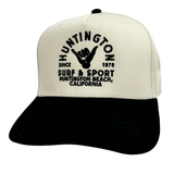 white & black hat with black embroidered logo on white background