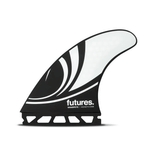 black & white surf fin with "futures" and "sharpeye" branding