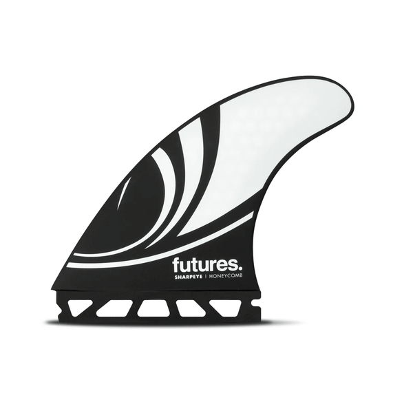 black & white surf fin with "futures" and "sharpeye" branding