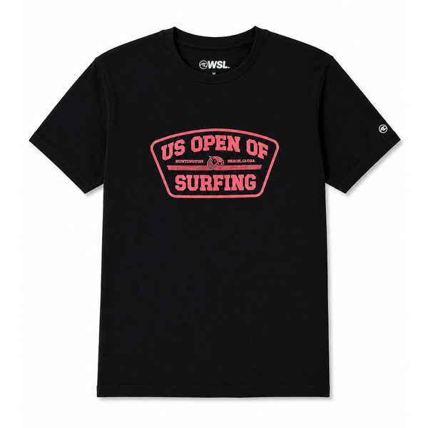 black t-shirt with US Open's Shield logo in red on white background