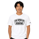 person wearing white t shirt with US Open's shield logo in black on white background