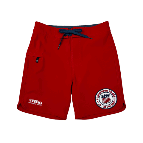 red boardshorts with HB Jr lifeguards logo on white background
