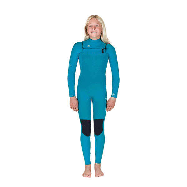young girl wearing a teal chest zip wetsuit
