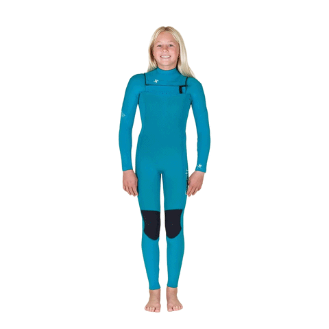 young girl wearing a teal chest zip wetsuit