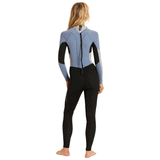 back view of woman wearing a blue, grey and black back zip wetsuit
