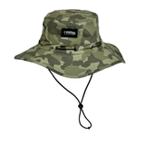 camo bucket hat with black and grey patch logo and adjustable strap on a white background
