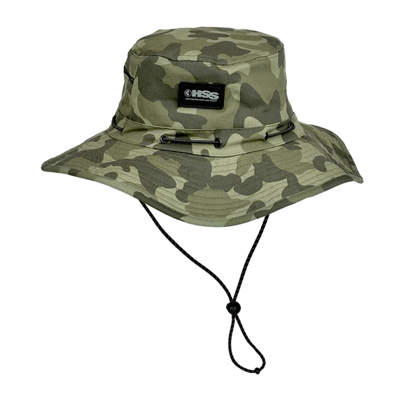 camo bucket hat with black and grey patch logo and adjustable strap on a white background