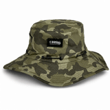 camo bucket hat with black and grey patch logo on a white background