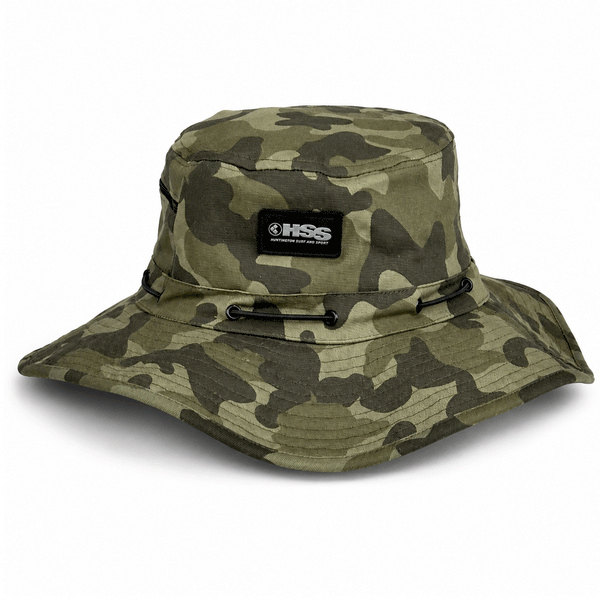 camo bucket hat with black and grey patch logo on a white background