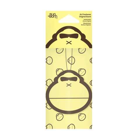 car air freshener shaped like the Sun Bum logo.