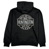 back of black hoodie with white logo