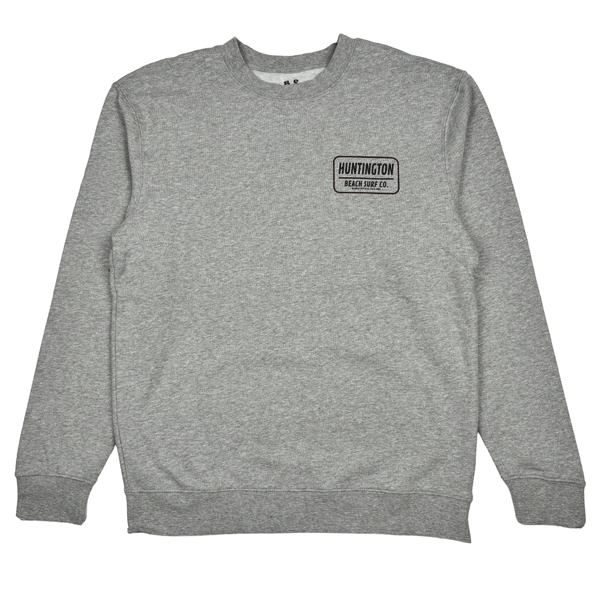 front of grey sweatshirt with script of Huntington Beach Surf Co. on white background