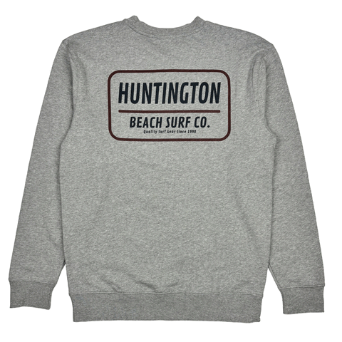 back of grey sweatshirt with script of Huntington Beach Surf Co. on white background