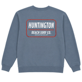 Slate blue Huntington Beach Surf Co. crewneck sweatshirt showing large back graphic on a white background.