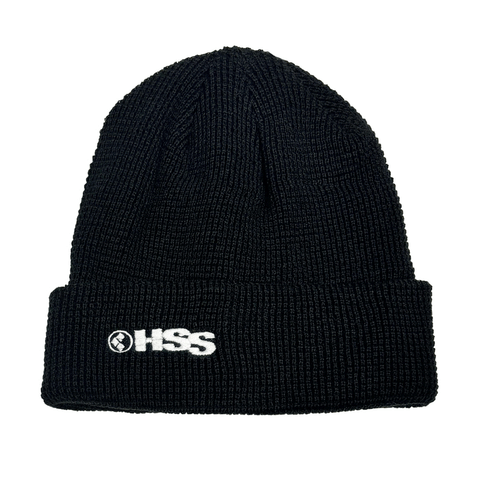 black cuff beanie with HSS logo in white