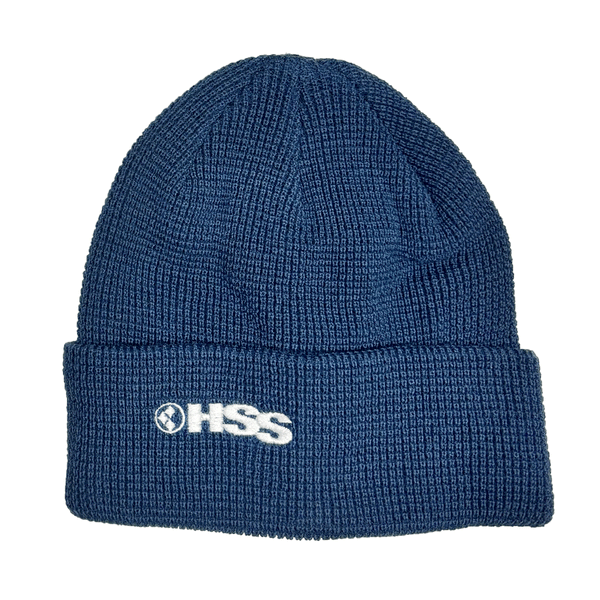 blue cuff beanie with HSS logo in white