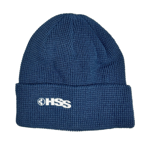 blue cuff beanie with HSS logo in white