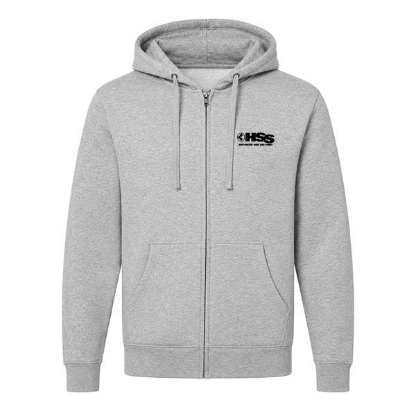 Gray HSS zip-up hoodie with chest logo.