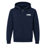 Blue HSS zip-up hoodie with chest logo.