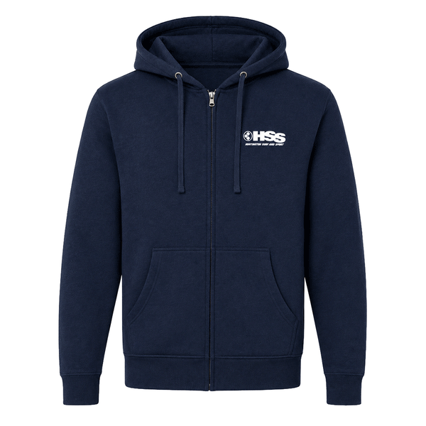 Blue HSS zip-up hoodie with chest logo.