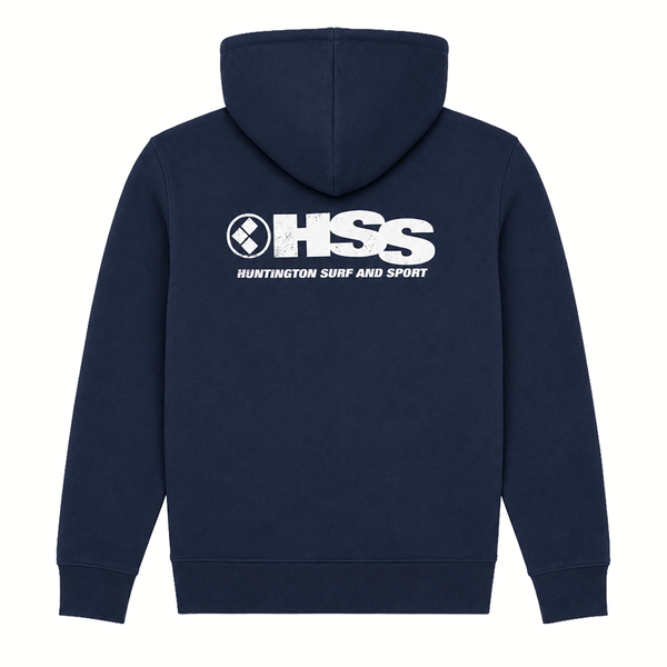 Blue HSS zip-up hoodie with back logo.