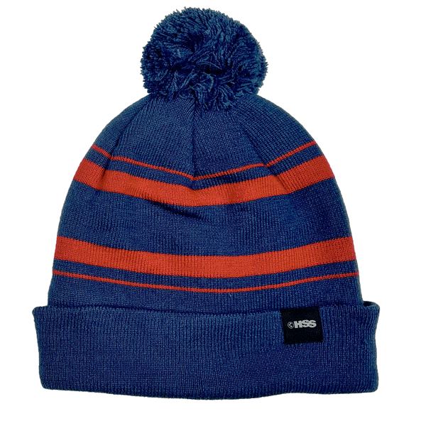 blue and red stripped pom beanie on a white background