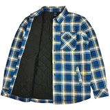 Blue and yellow plaid shirt with black quilted lining on a white background