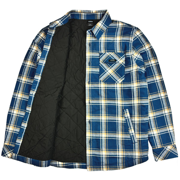 Blue and yellow plaid shirt with black quilted lining on a white background