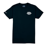 front of black t-shirt with small white logo on chest 