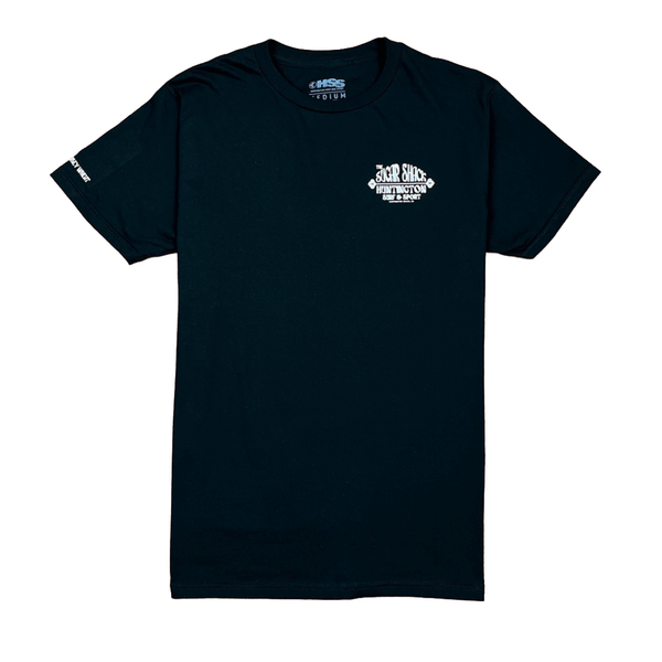 front of black t-shirt with small white logo on chest 