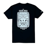 back of black t-shirt with large white drawing of The Sugar Shack