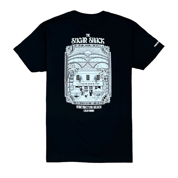 back of black t-shirt with large white drawing of The Sugar Shack