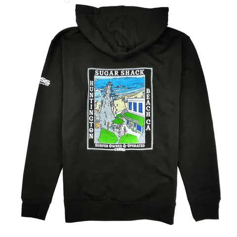 Black hoodie with a graphic design on the back featuring 'Sugar Shack' and 'Huntington Beach, CA'.