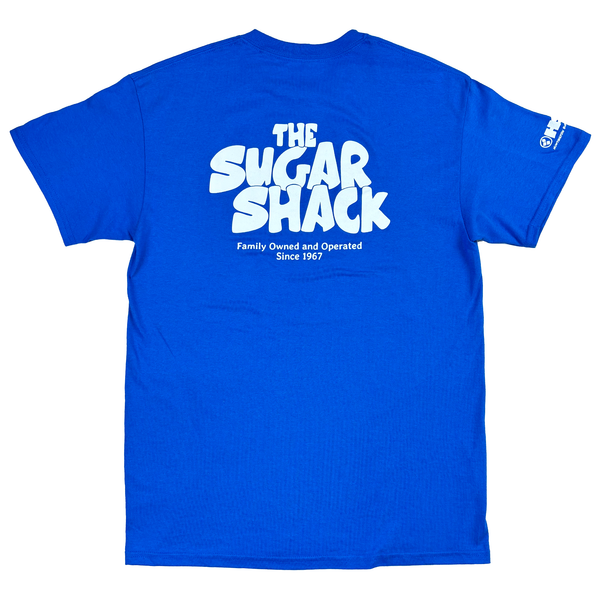 back of blue tshirt with the words The Sugar Shack
family owend an operated since 1967