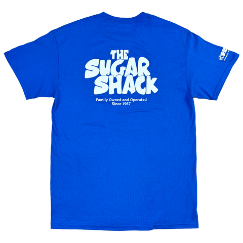 back of blue tshirt with the words The Sugar Shack
family owend an operated since 1967