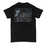 Black t-shirt with white graphic design on a white background