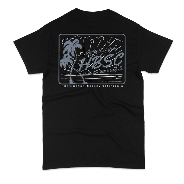 Black t-shirt with white graphic design on a white background