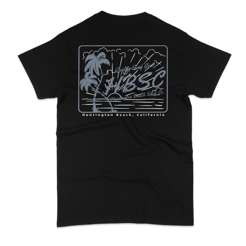 Black t-shirt with white graphic design on a white background