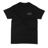 Black t-shirt with a logo on a white background