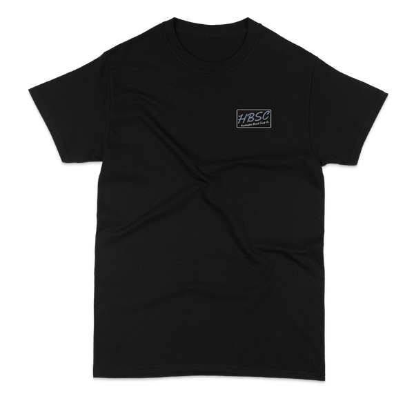 Black t-shirt with a logo on a white background