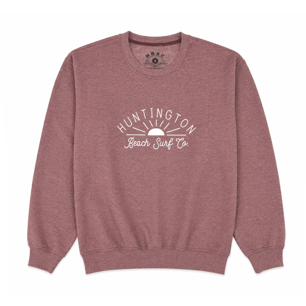 maroon crewneck sweatshirt with white script with sun. "huntington beach surf co."